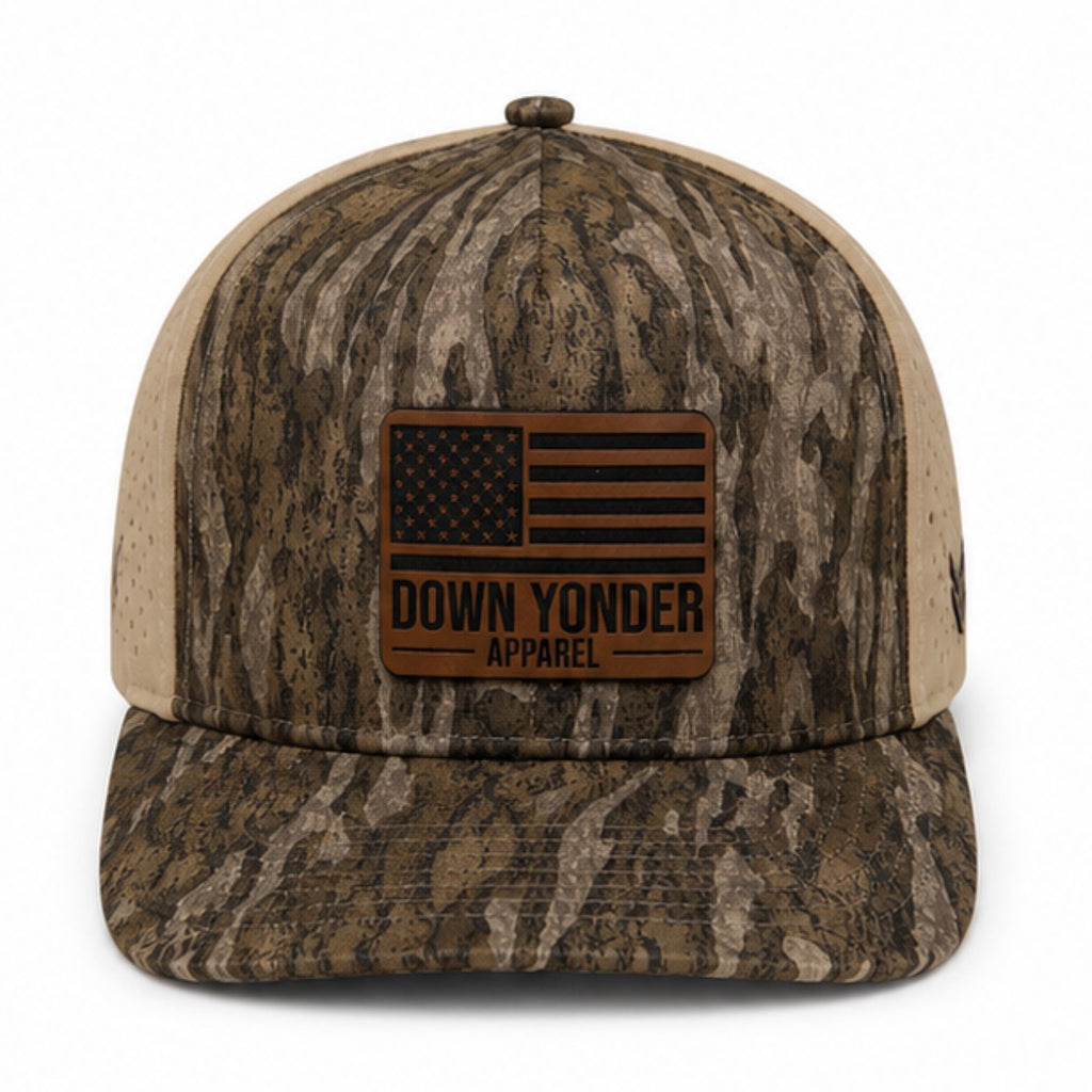 Bottomland Camo/Tan Snapback with American Flag Leather Patch