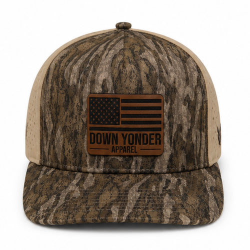 Bottomland Camo/Tan Snapback with American Flag Leather Patch