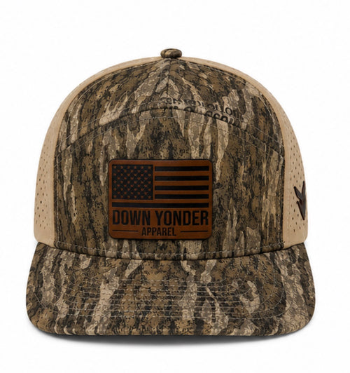 Bottomland Camo/Tan 7 Panel with American Flag Leather Patch