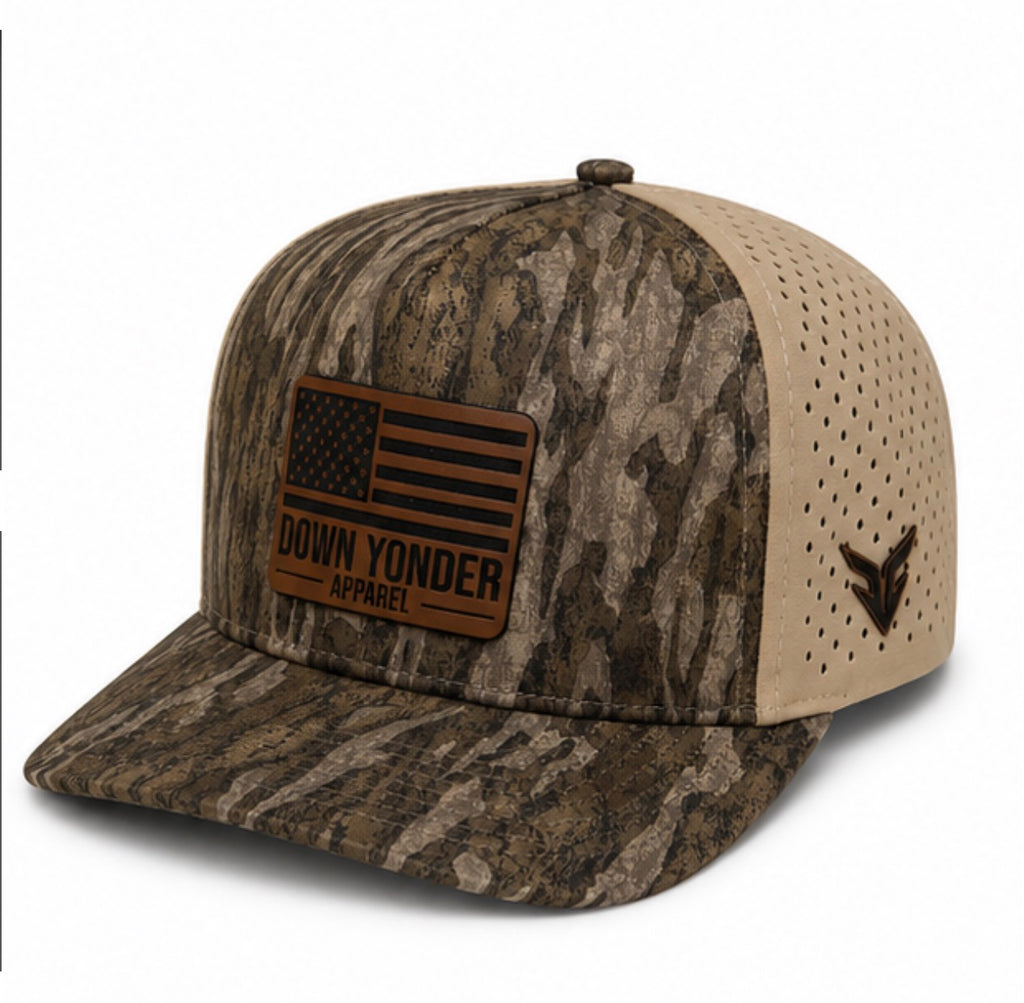 Bottomland Camo/Tan Snapback with American Flag Leather Patch