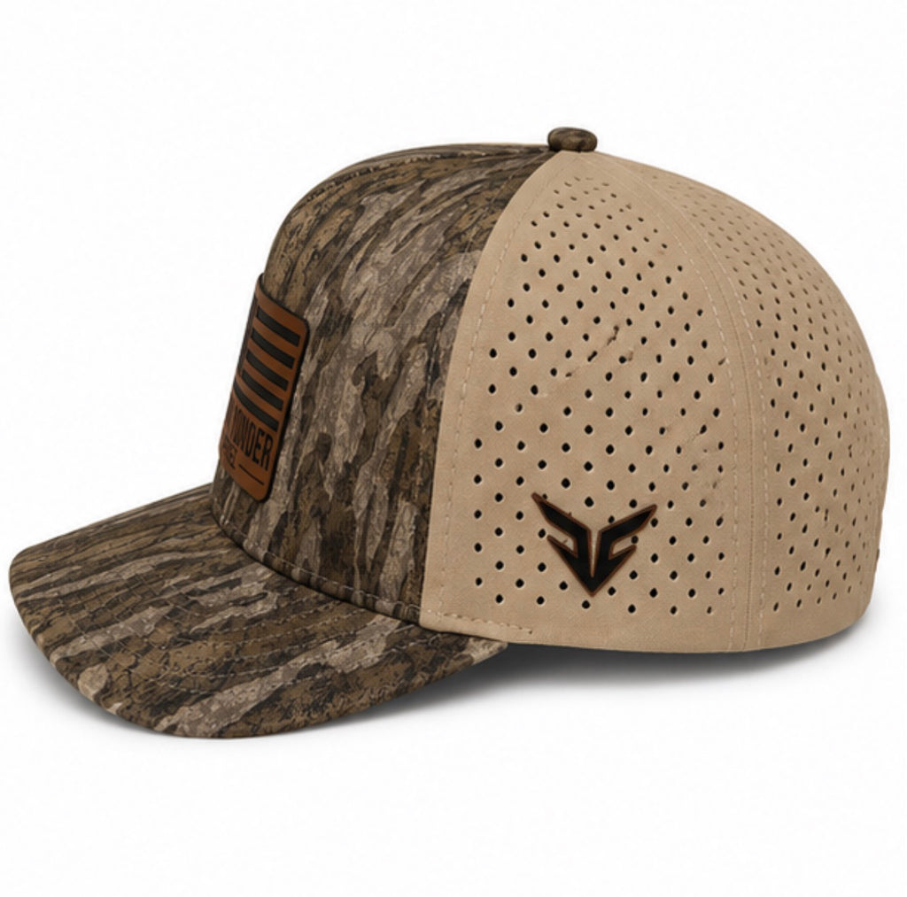 Bottomland Camo/Tan Snapback with American Flag Leather Patch
