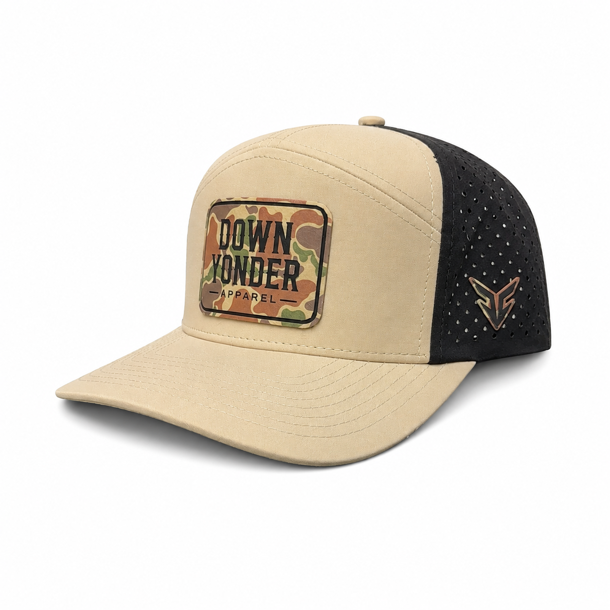7 panel Tan/Black with Camo Down Yonder Patch SnapBack