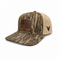 Bottomland Camo/Tan Snapback with American Flag Leather Patch