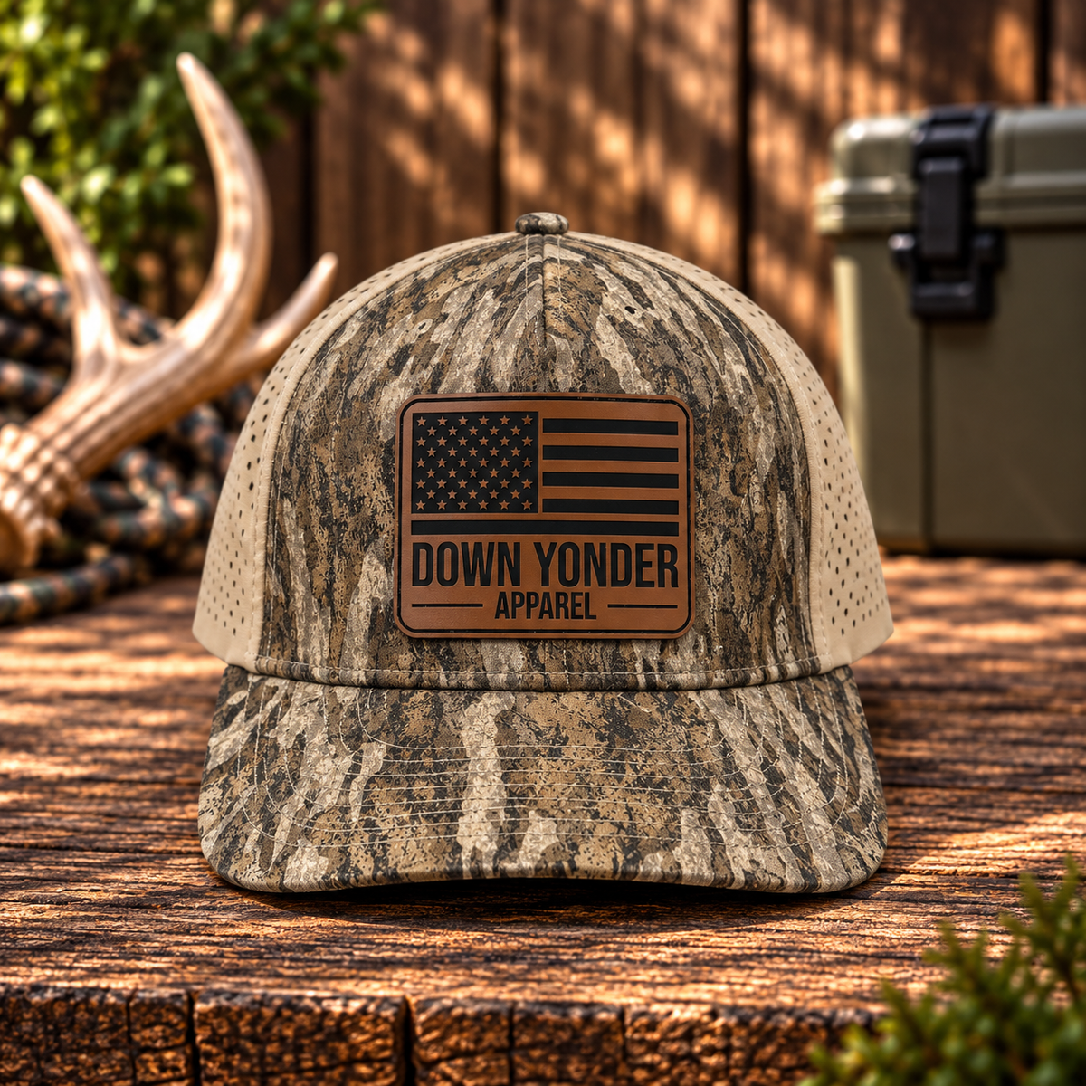 Bottomland Camo/Tan Snapback with American Flag Leather Patch