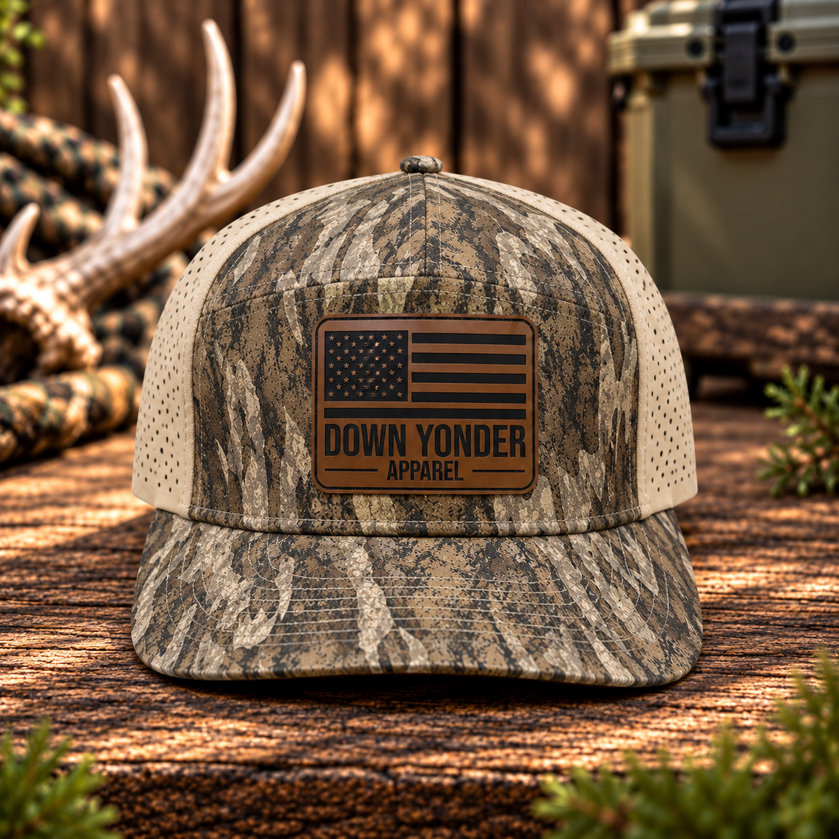 Bottomland Camo/Tan 7 Panel with American Flag Leather Patch